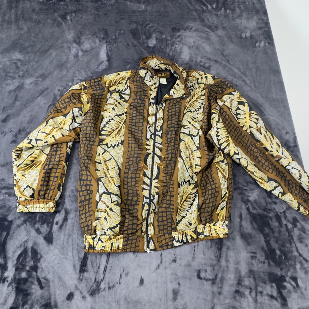 Kloz Windbreaker Jacket Mens Small Brown Yellow Tropical Leaf Print Full Zip Vtg